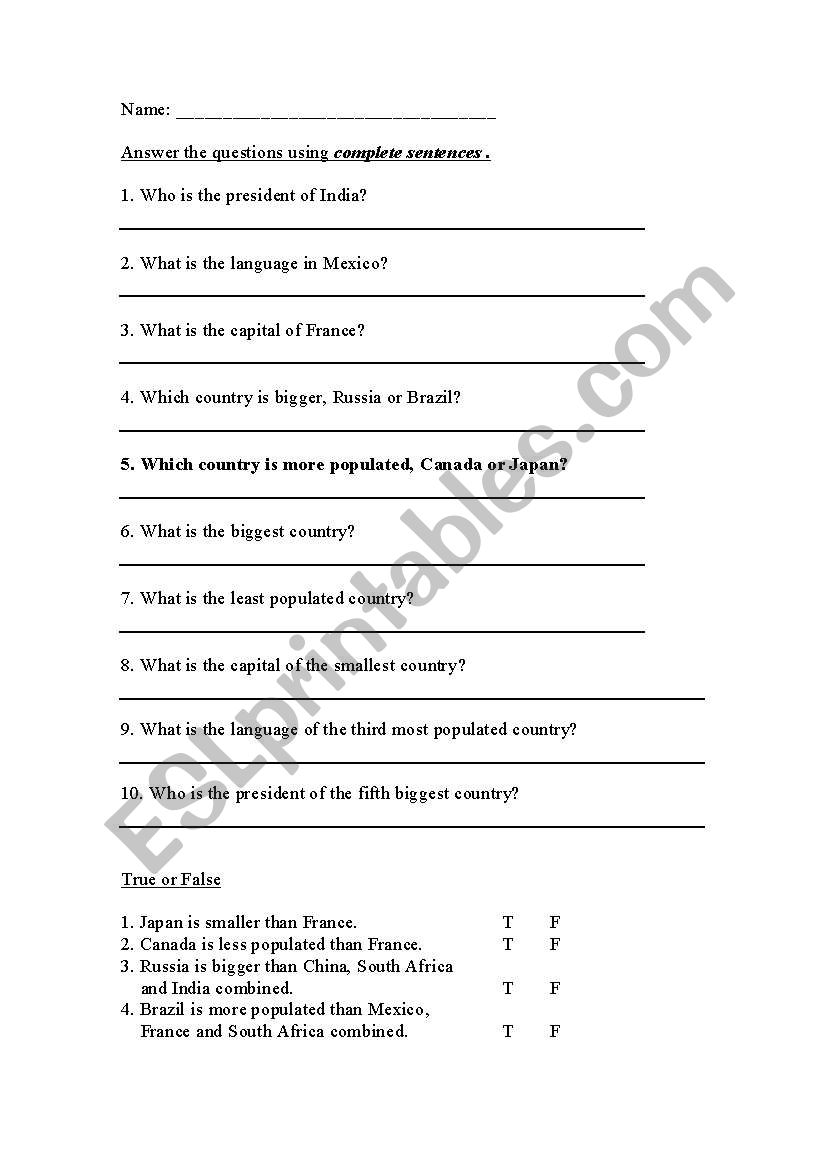 questions about countries worksheet