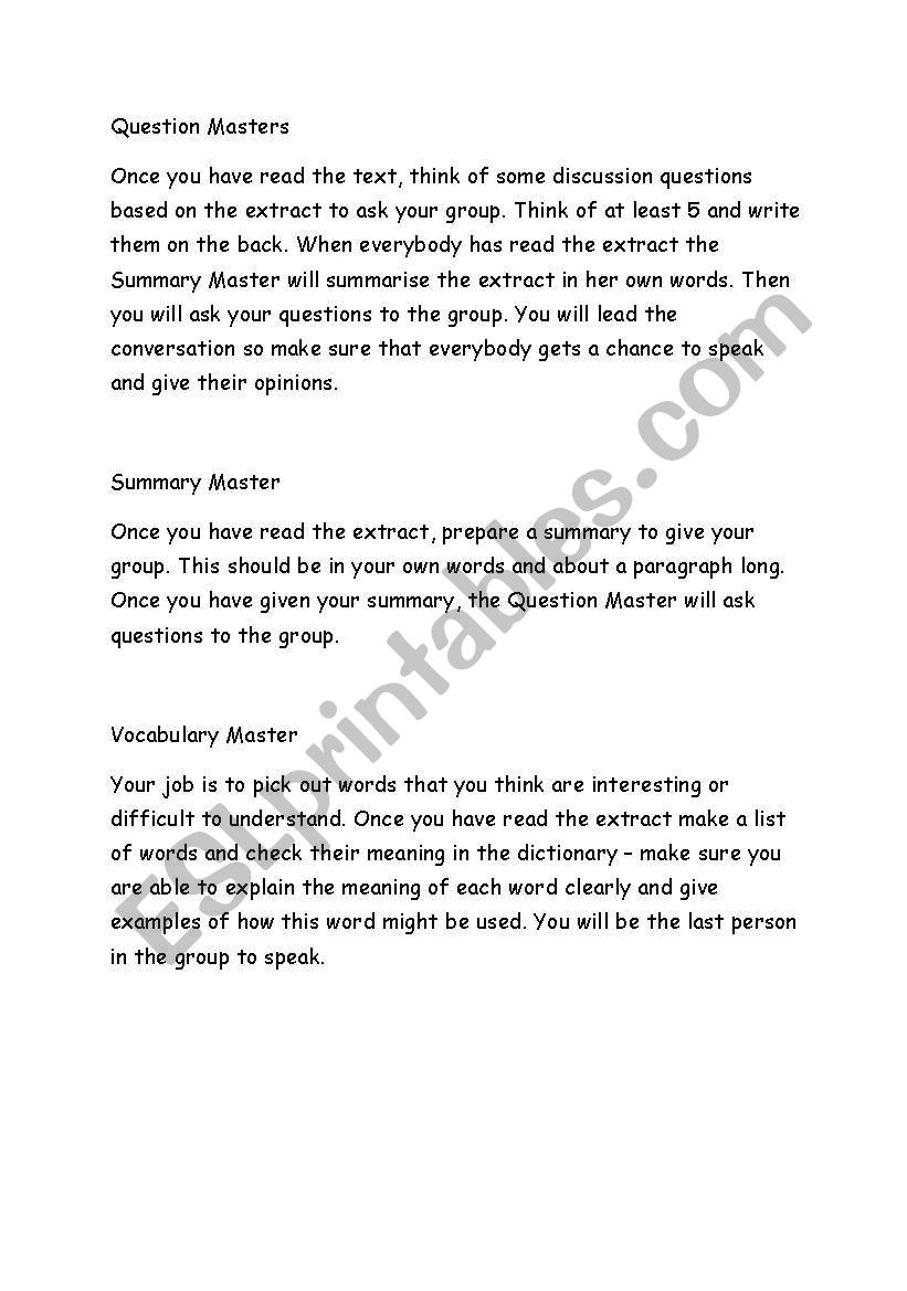 Group Reading Role Cards worksheet