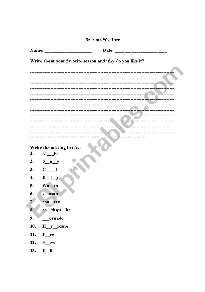 Weather vs. Season worksheet