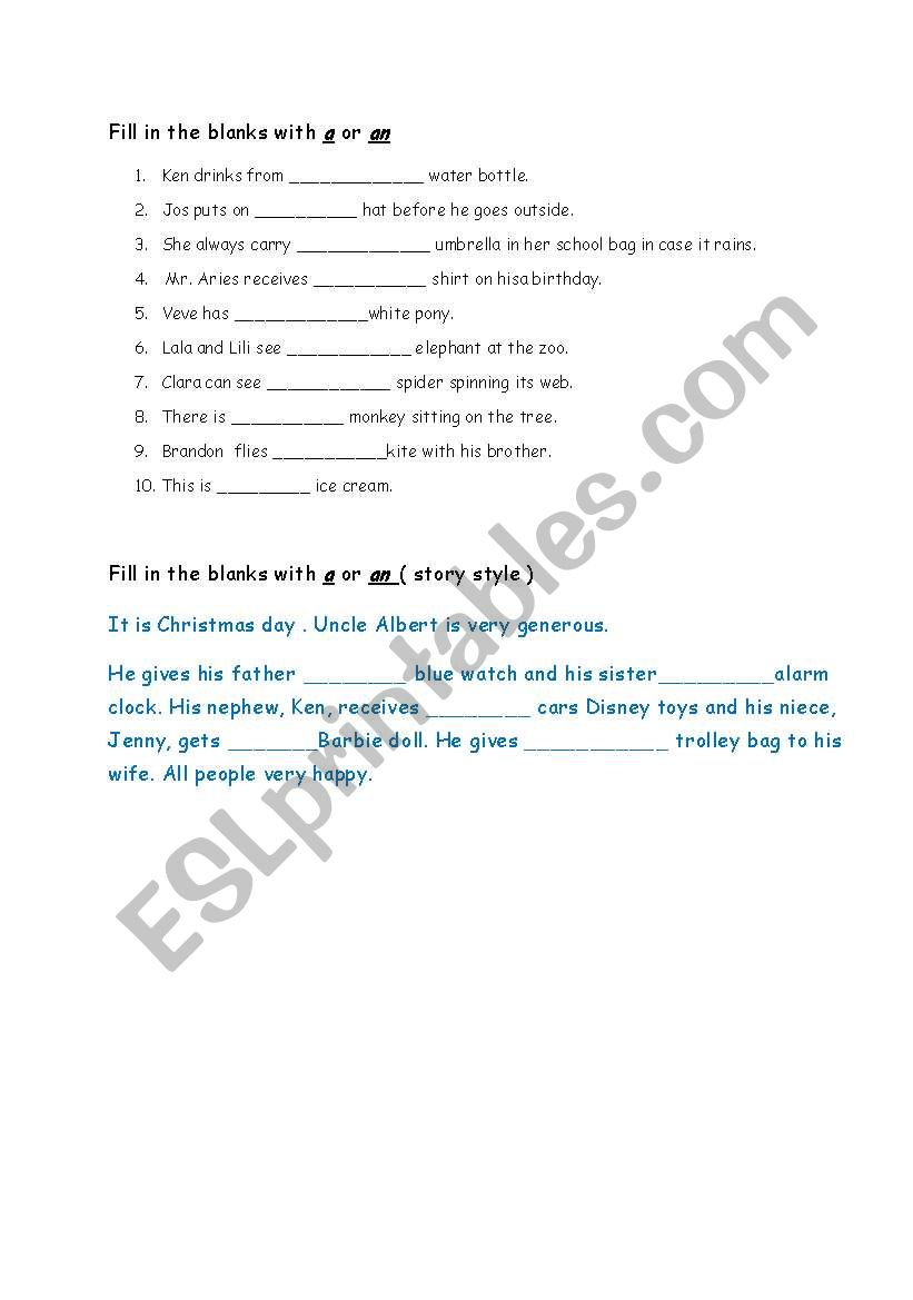 Fill with a/an  worksheet
