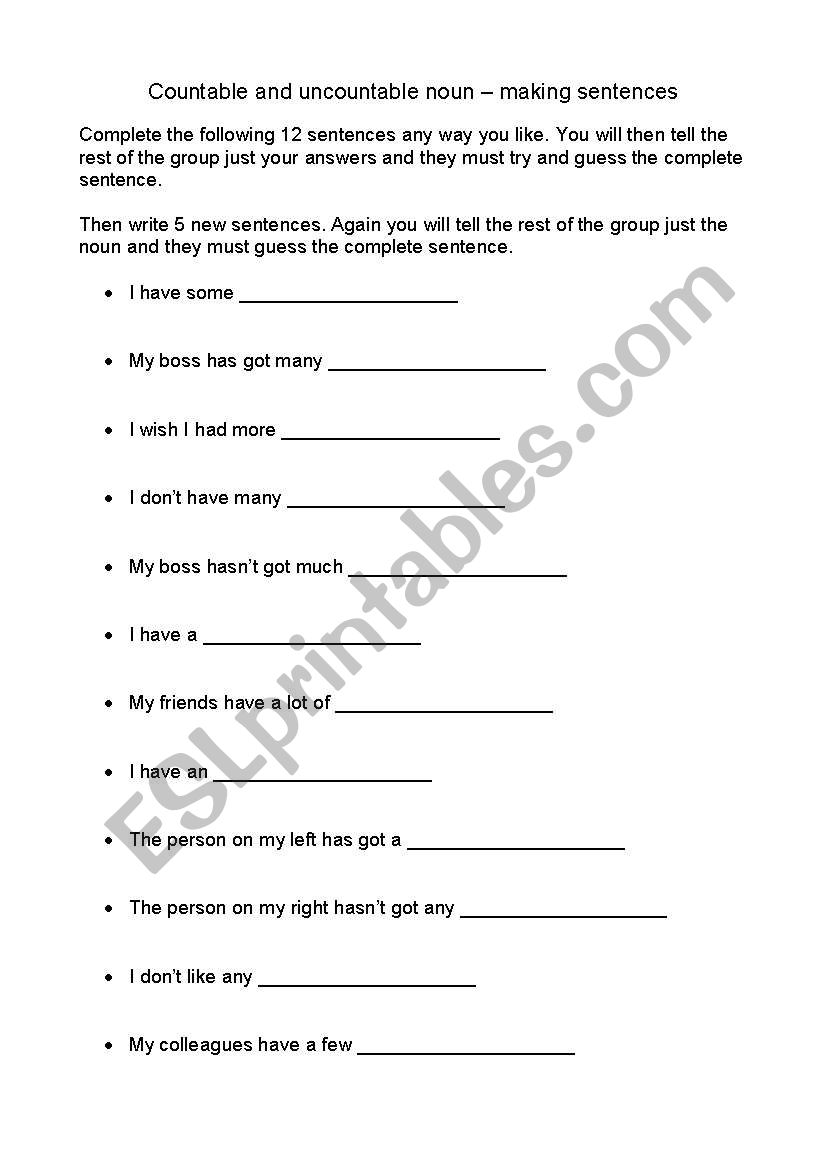 Countable and uncountable nouns activity