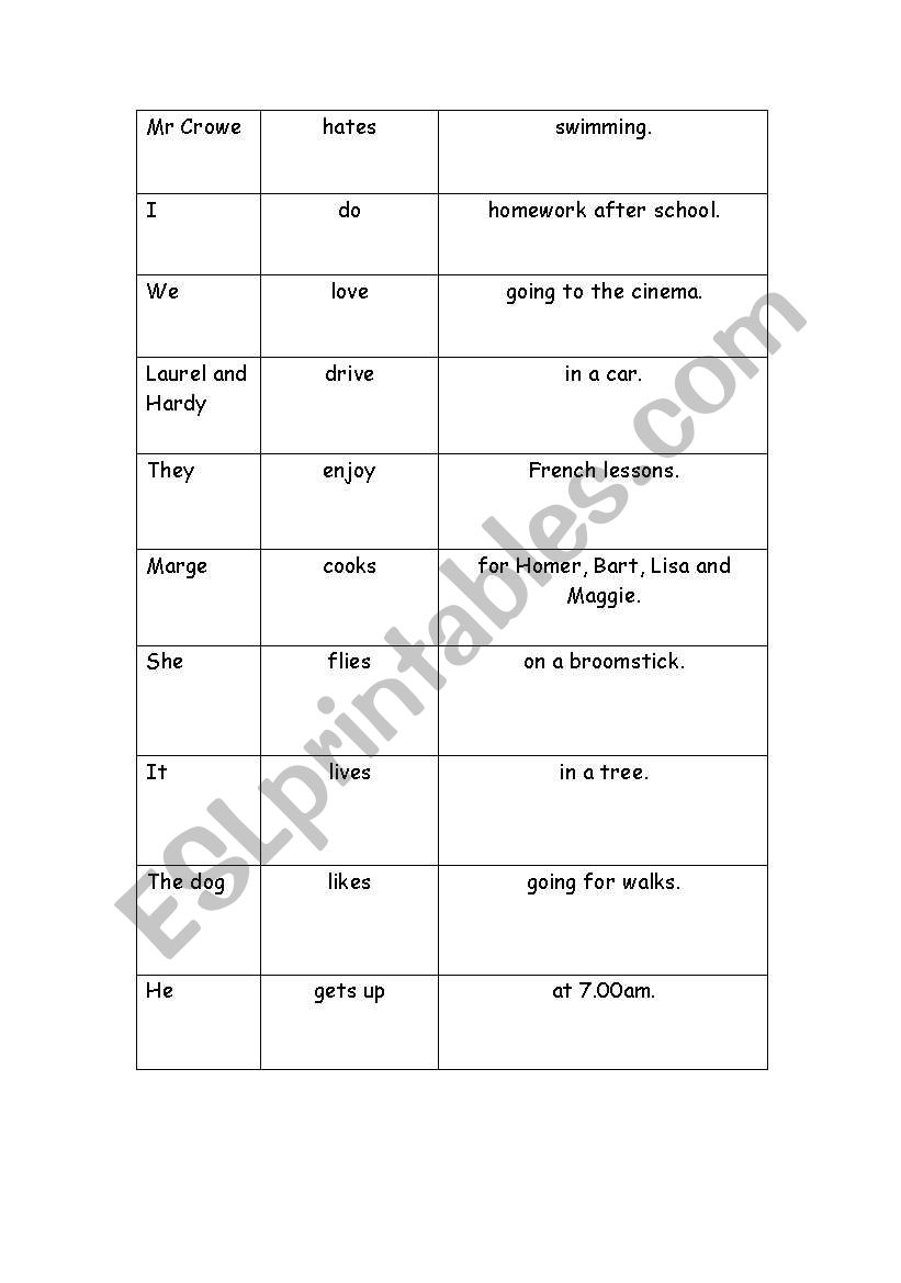 Verb agreement mix and match worksheet