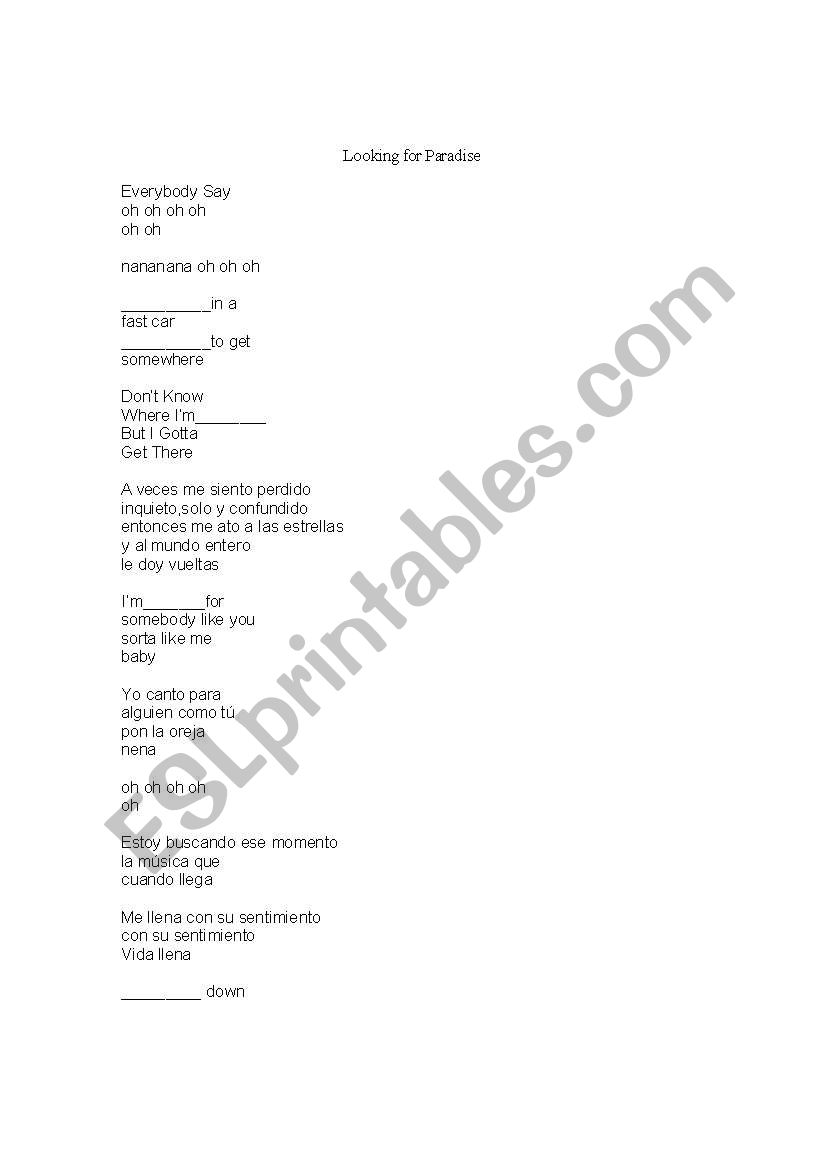 Song lyrics CLoze activity worksheet