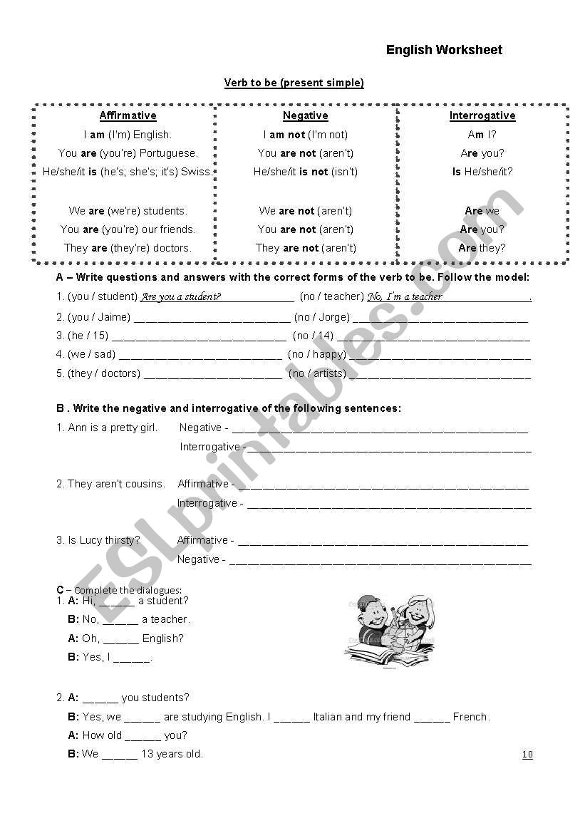 verbe to be worksheet