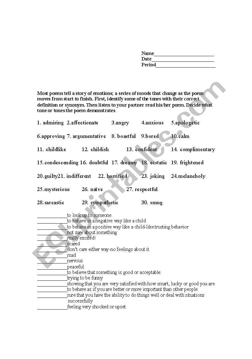 Poetry Tones definitions worksheet