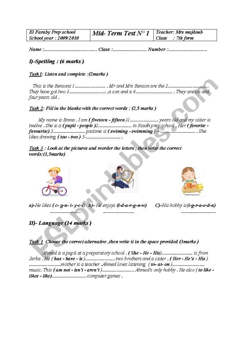 Mid-term test N 1 worksheet