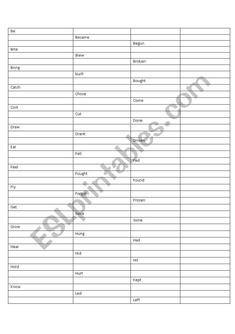 irerregular verbs test worksheet