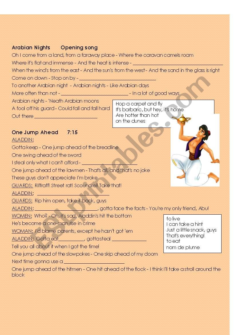 English worksheets: Disney´s ALADDIN - lyrics worksheet