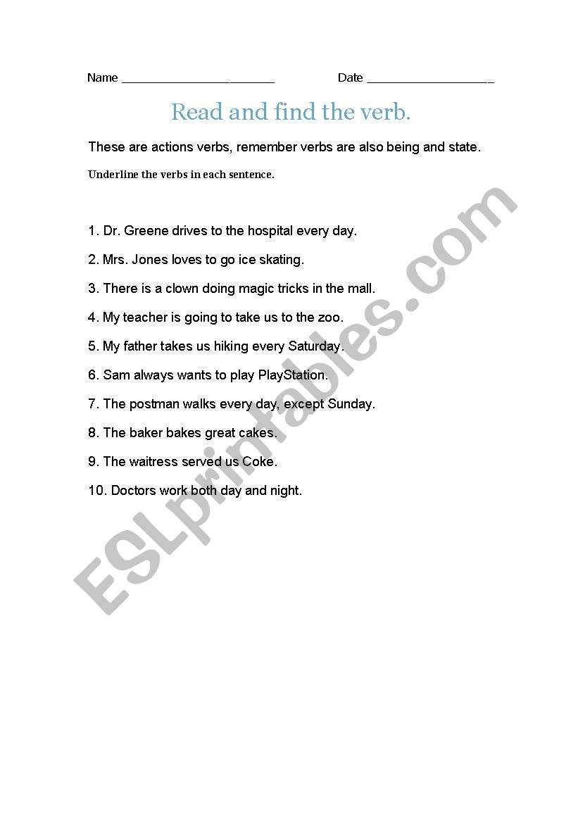 Action verbs worksheet