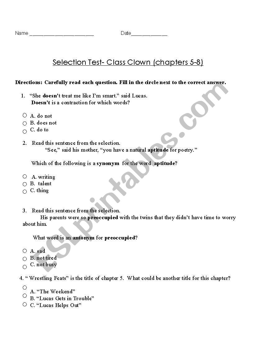 Class Clown - Selection test worksheet
