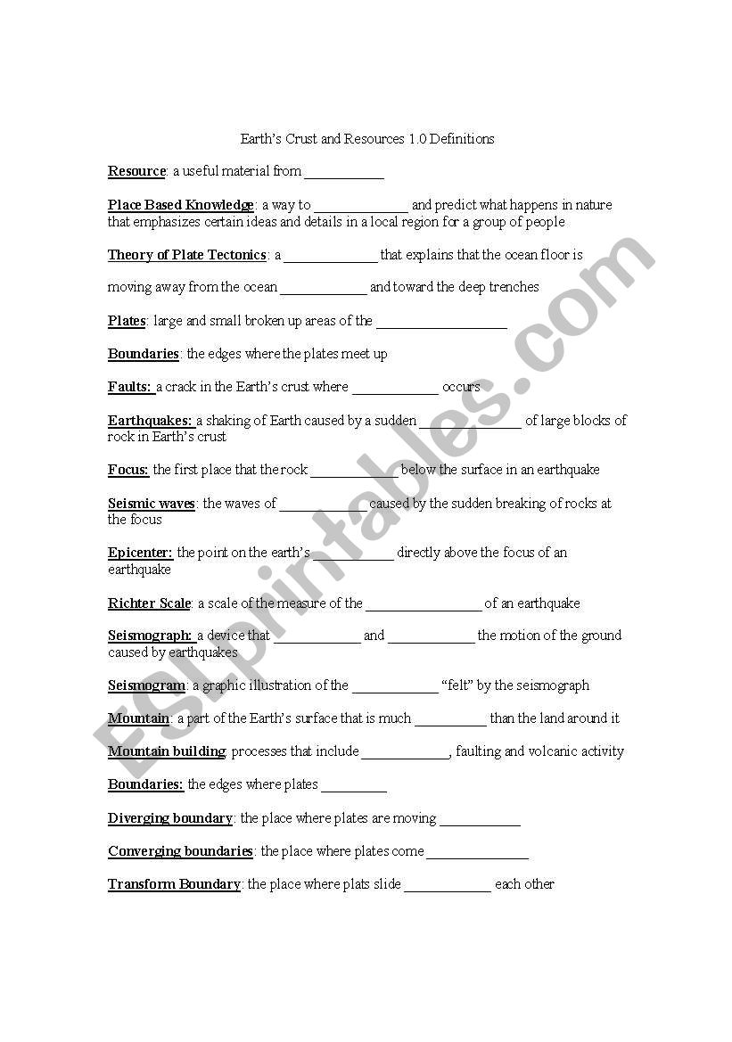 Earths crust vocabulary cloze