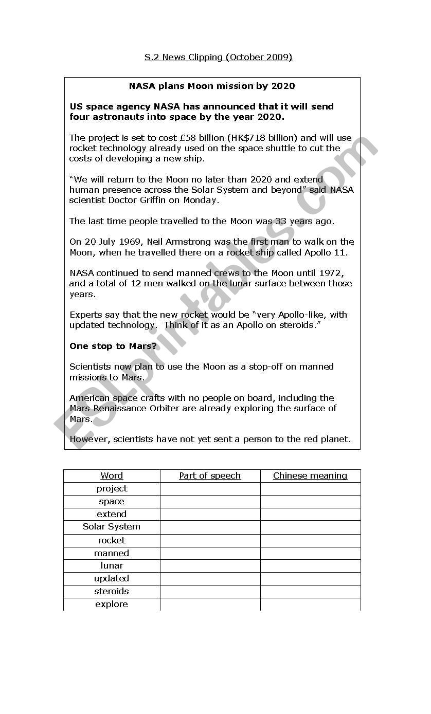 Newspaper Article Reading worksheet