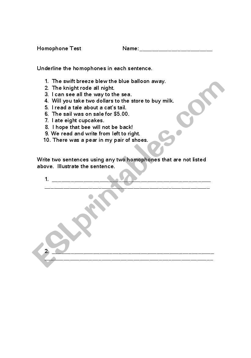 Homophones worksheet