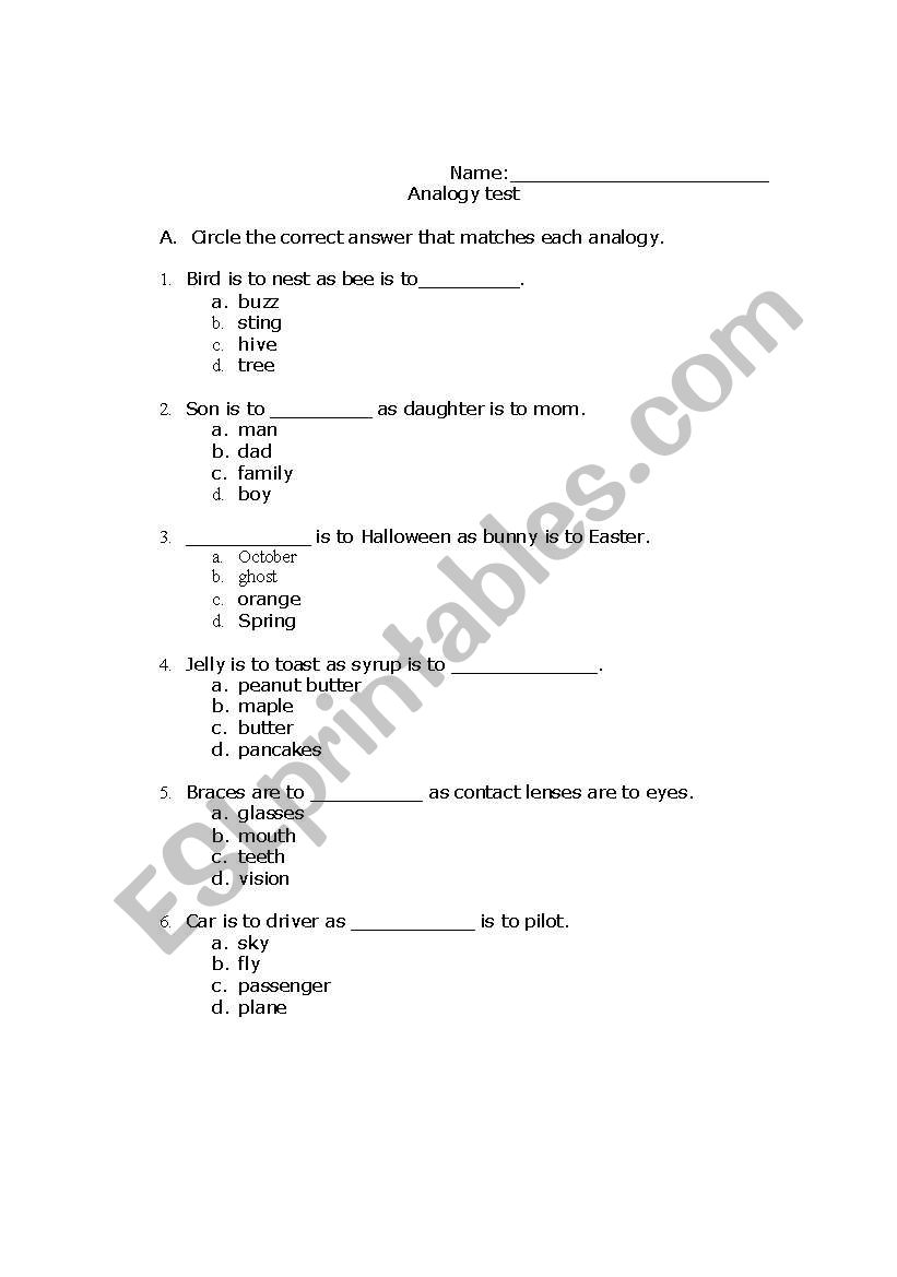 Analogy Test worksheet