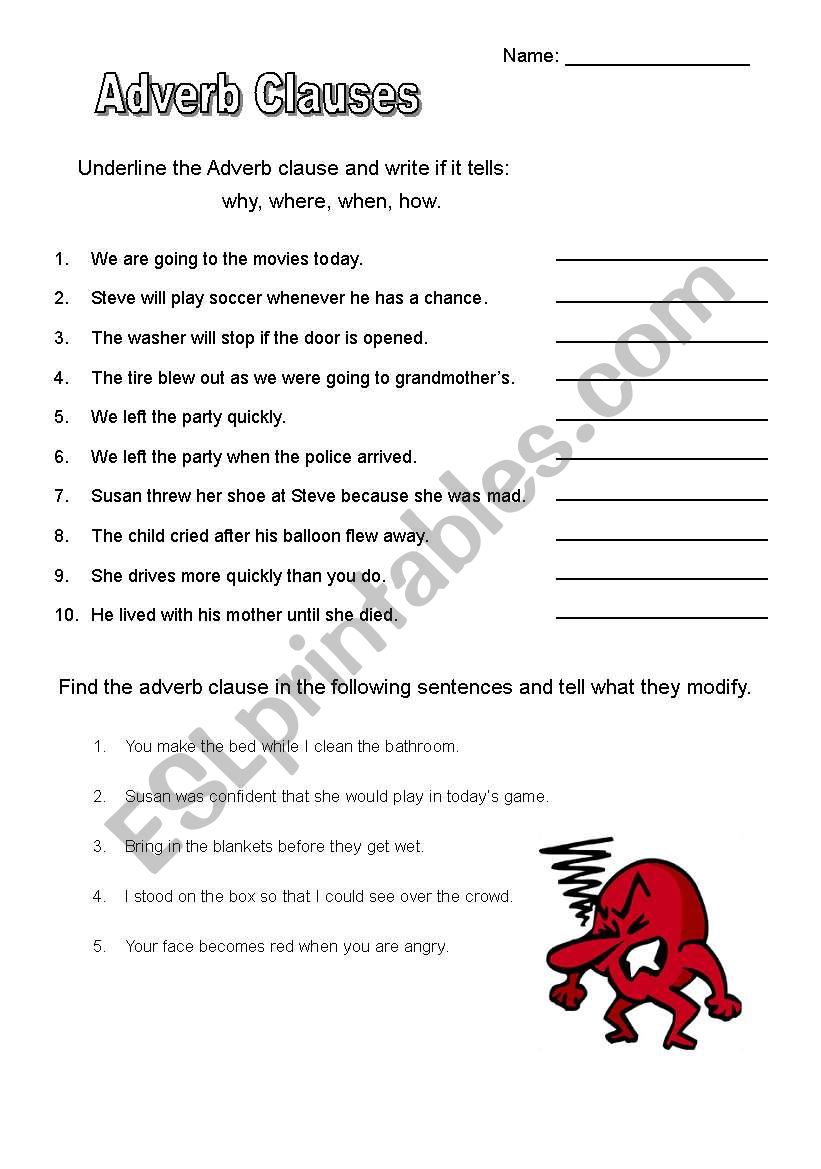 English Worksheets Adverb Clauses