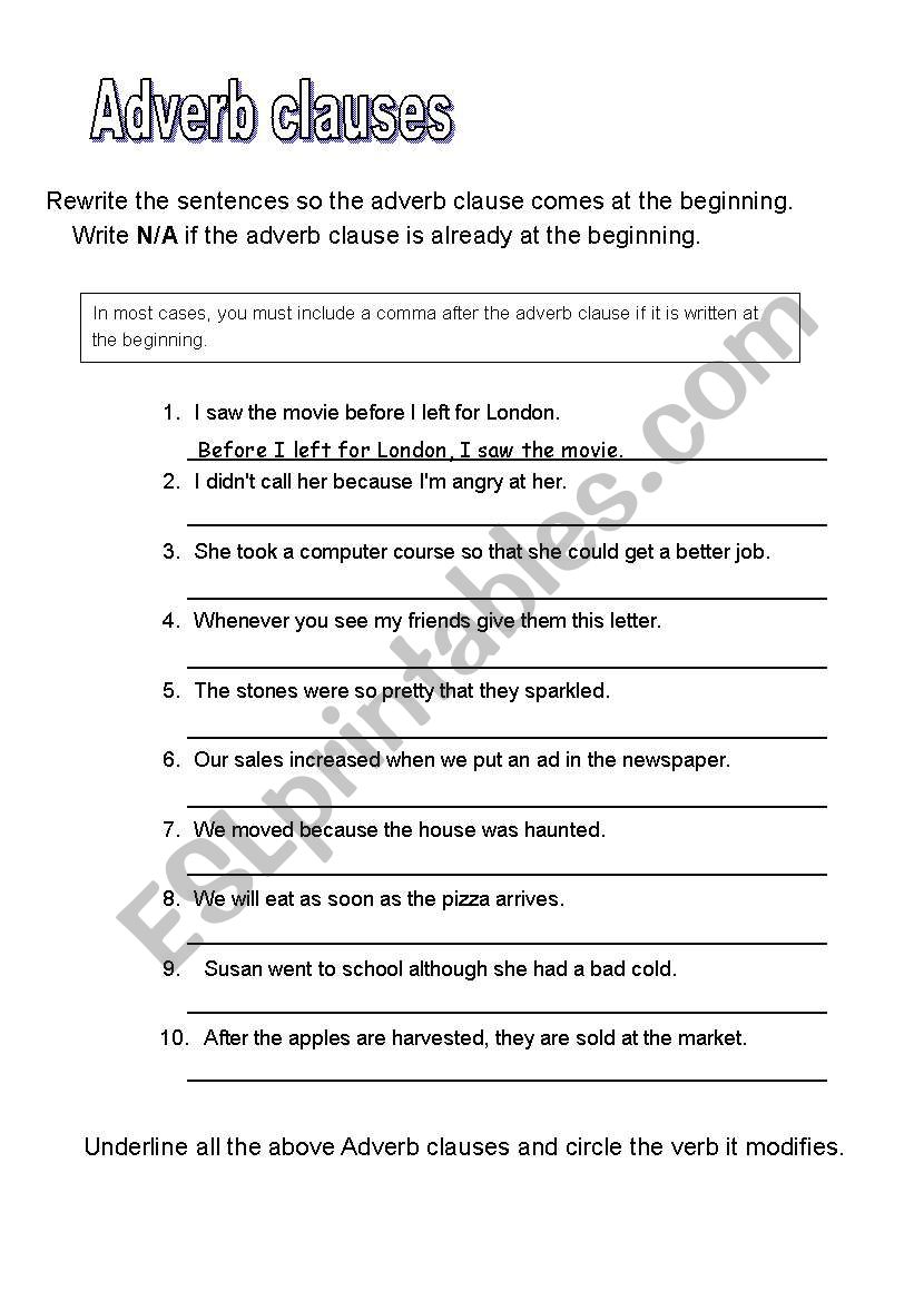 adverb clauses worksheet