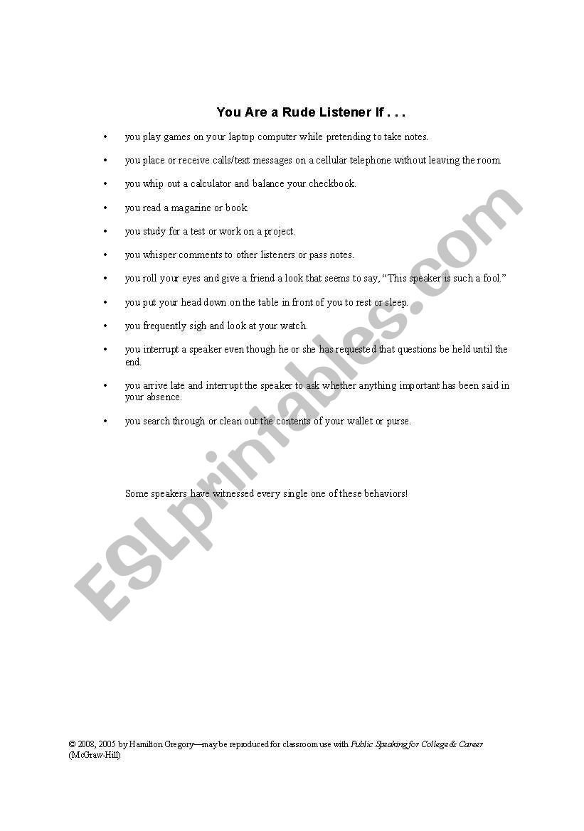 Listening Rules worksheet