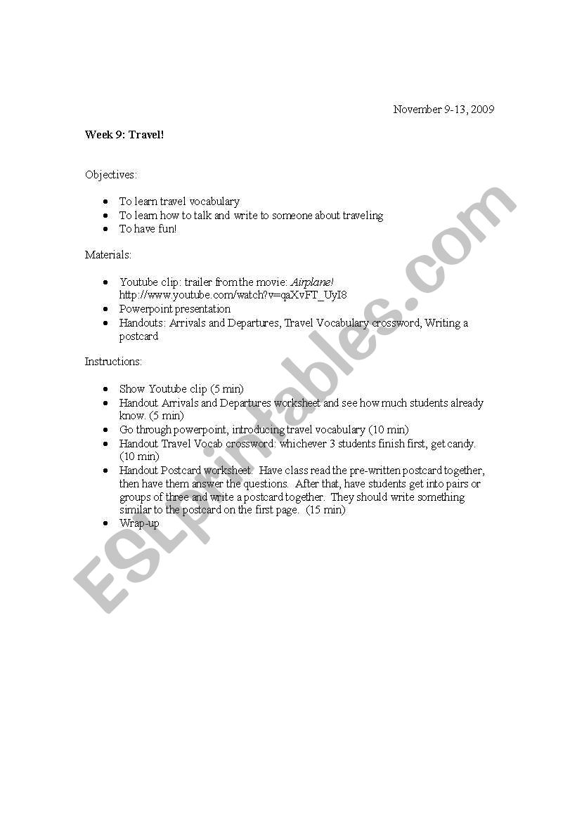 Travel Lesson worksheet