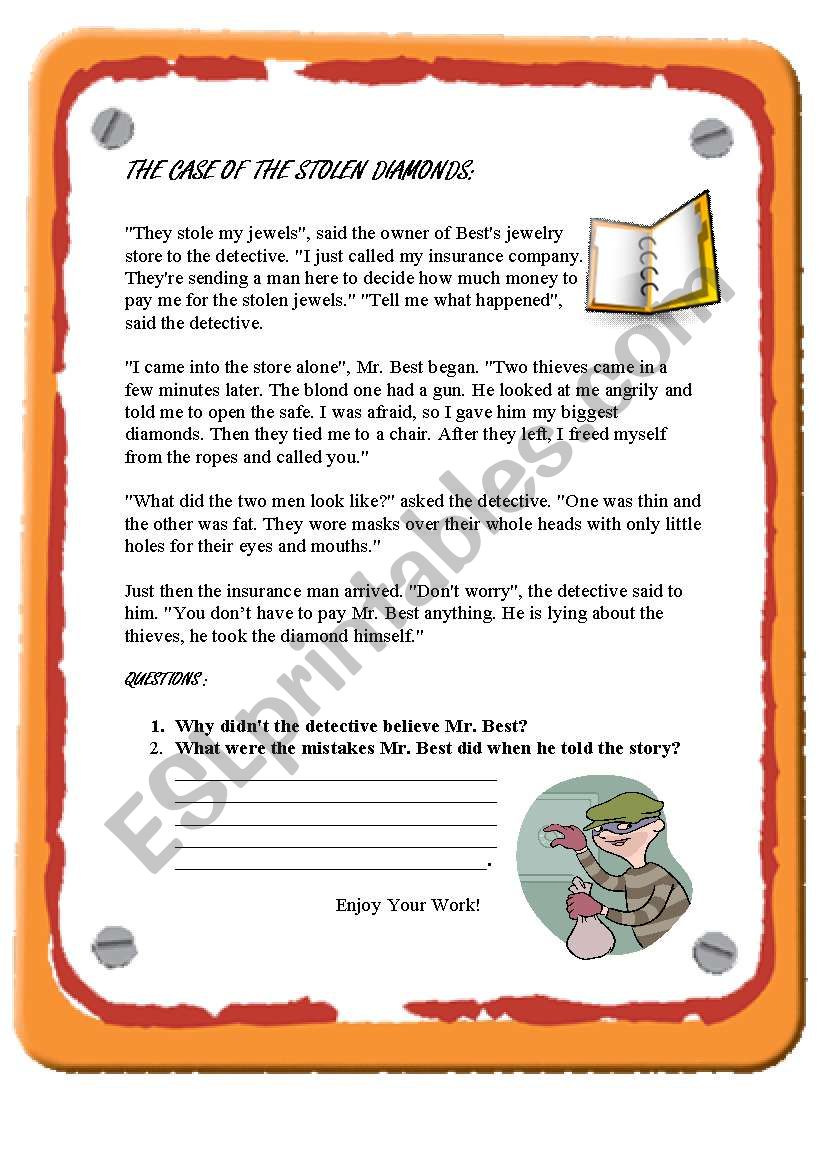 The Case Of The Stolen Diamonds a Detective Story ESL Worksheet By Semmy