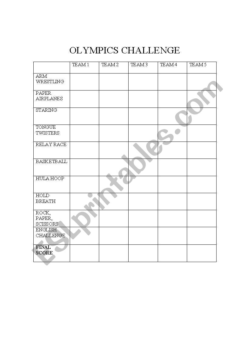 Olypmics Challenge worksheet