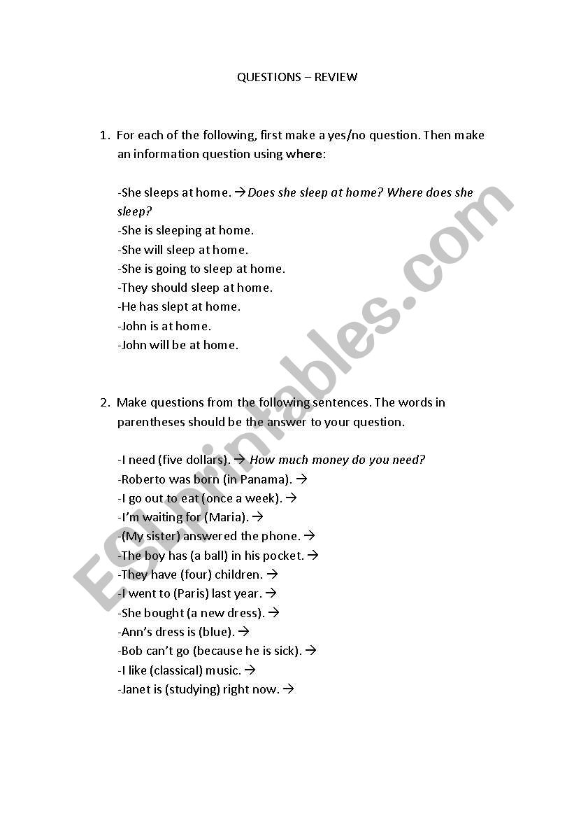 Questions - Review worksheet