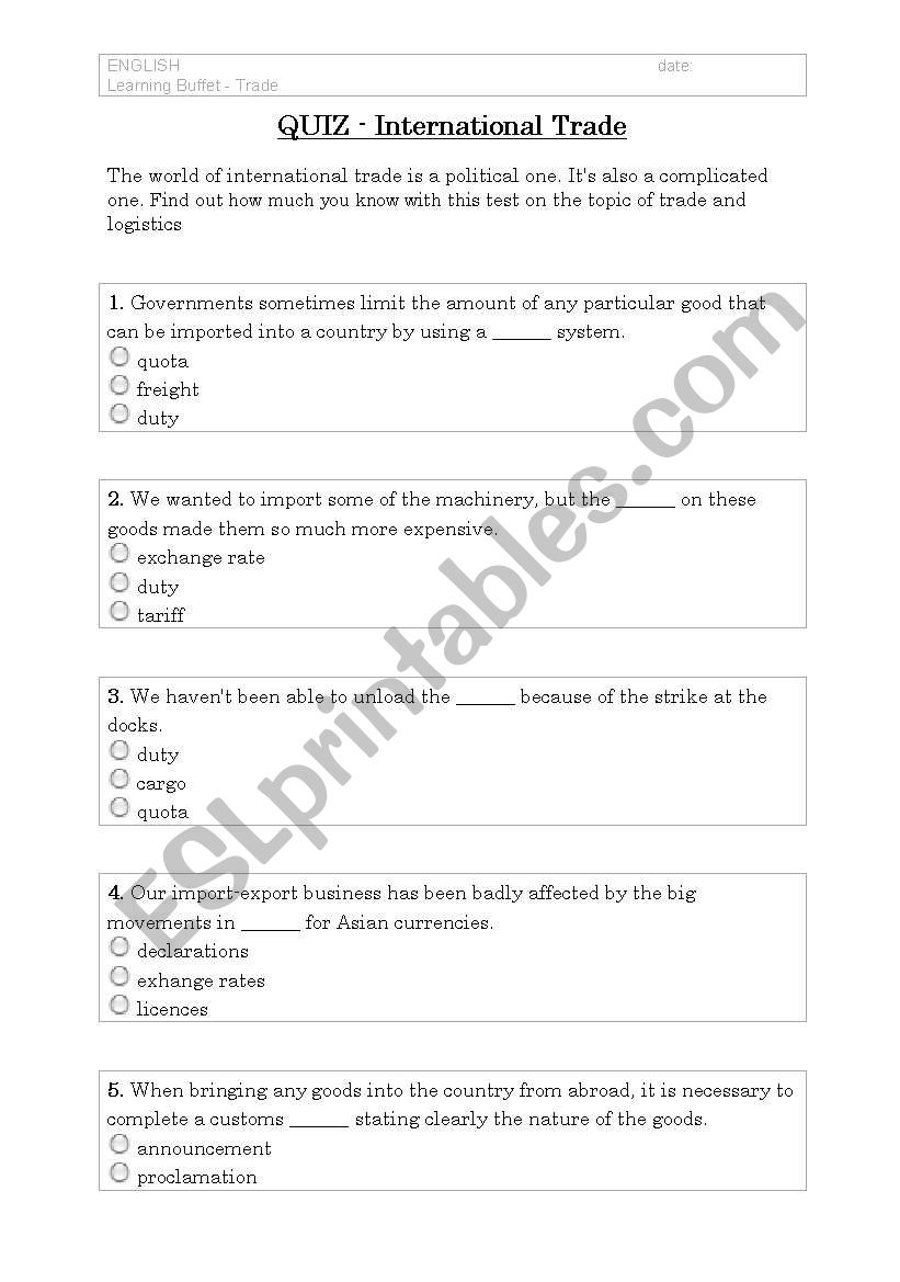 Quiz: International Trade worksheet