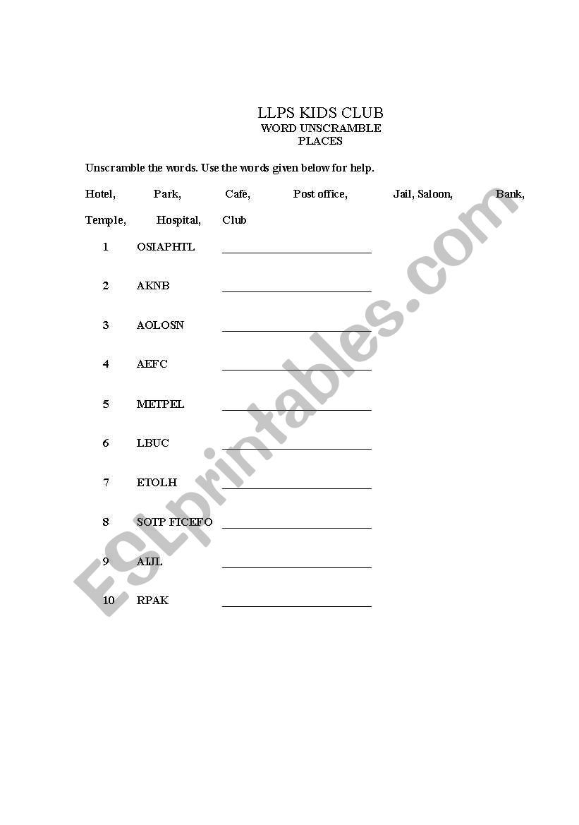 unscremble places worksheet