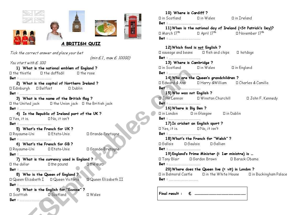 British Quiz worksheet