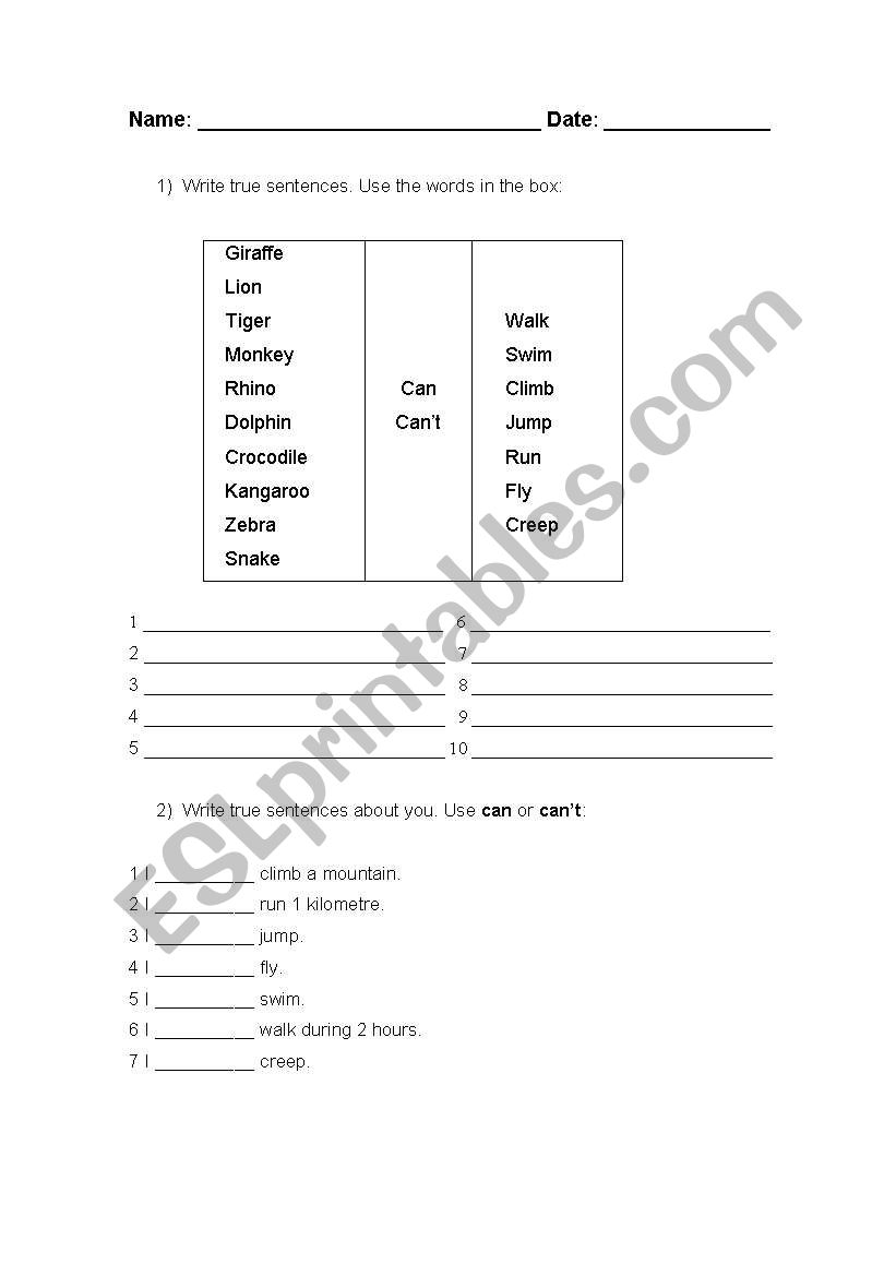 Animals can/cant worksheet