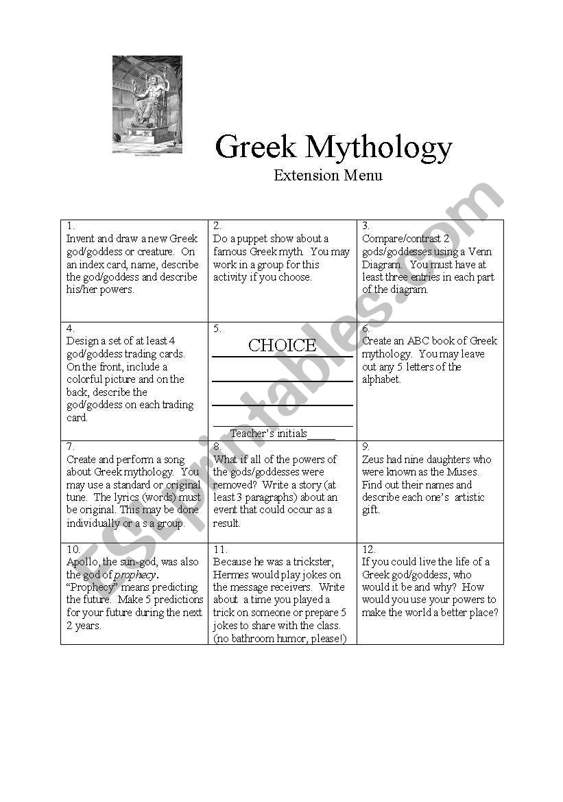 English Worksheets Greek Mythology Extension Menu