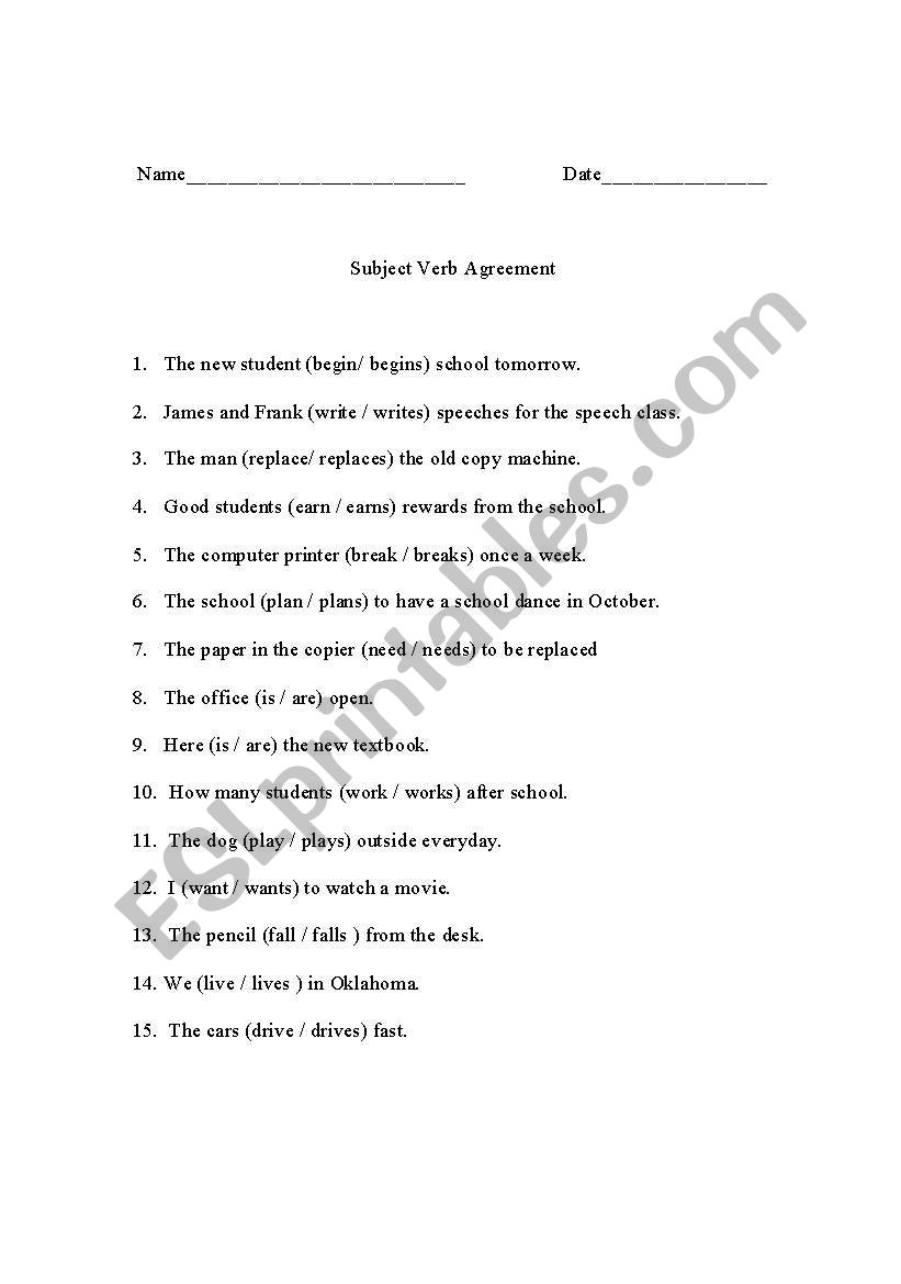 Subject Verb agreements worksheet