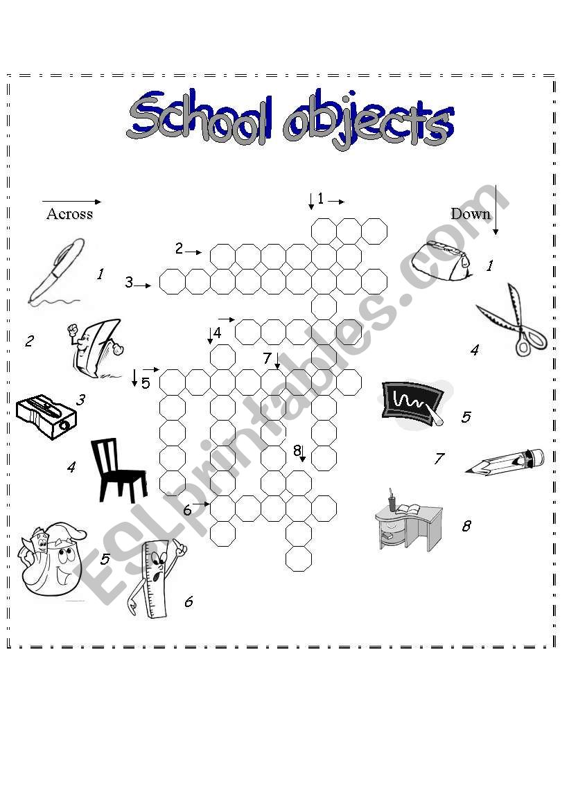 School objects crossword worksheet