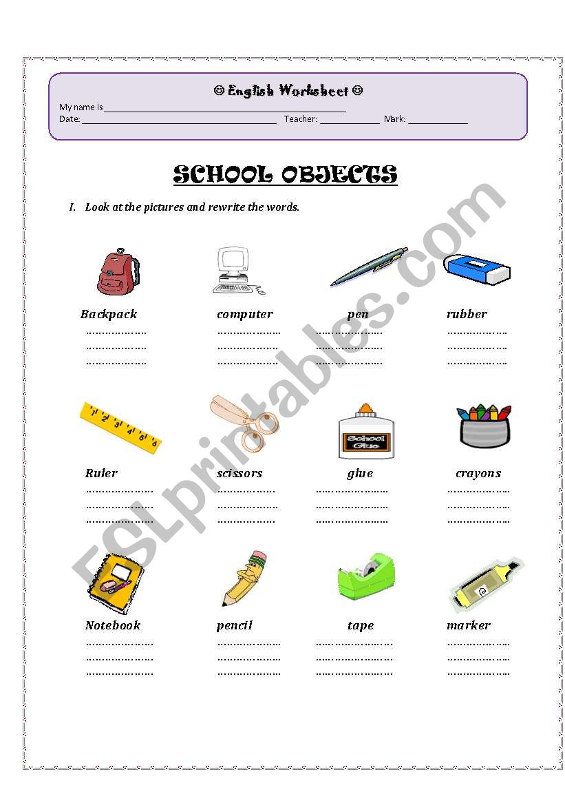 SCHOOL OBJECTS VOCABULARY worksheet