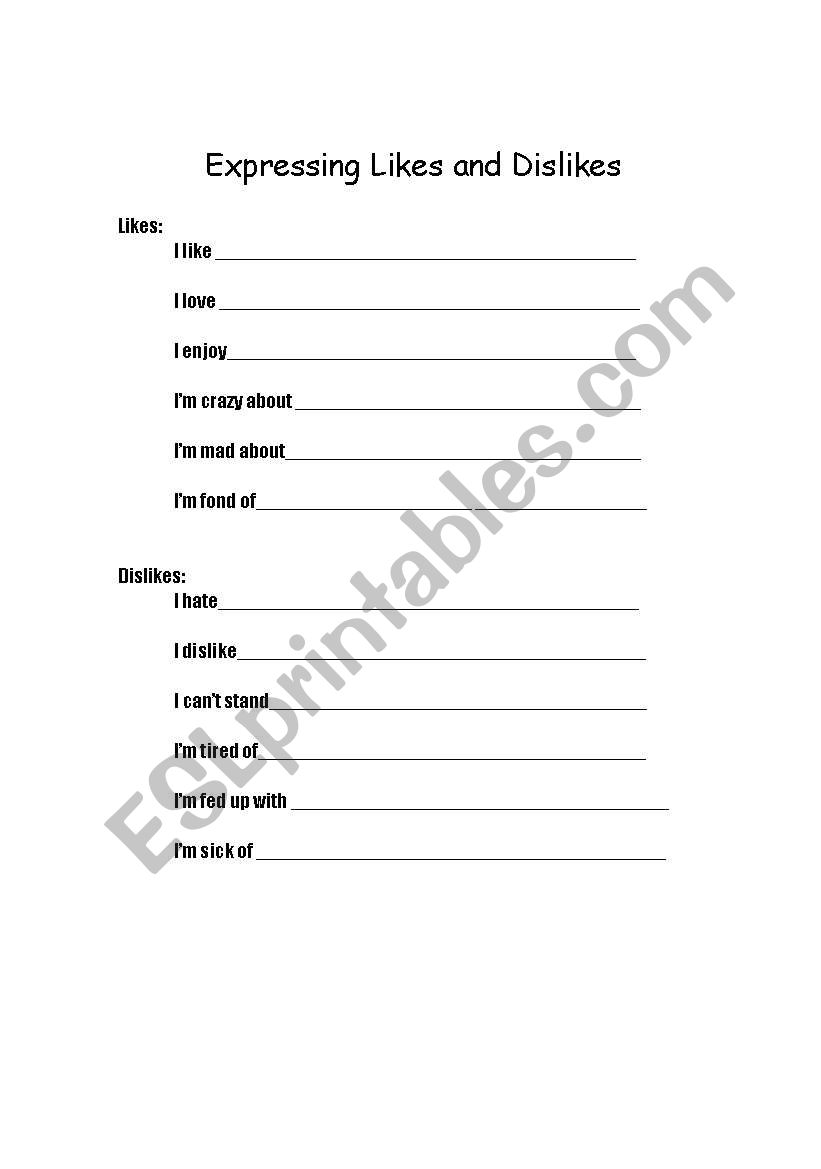 Likes and Dislikes worksheet