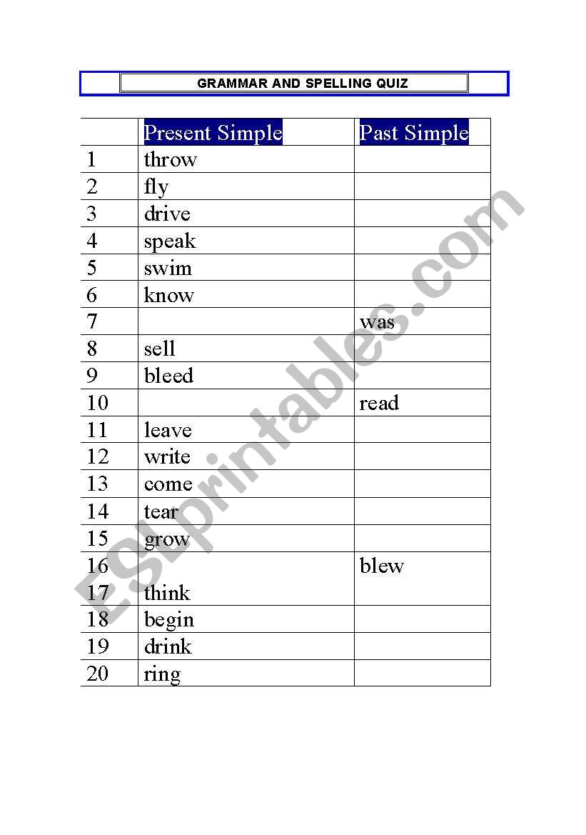 A test of simple verb forms worksheet