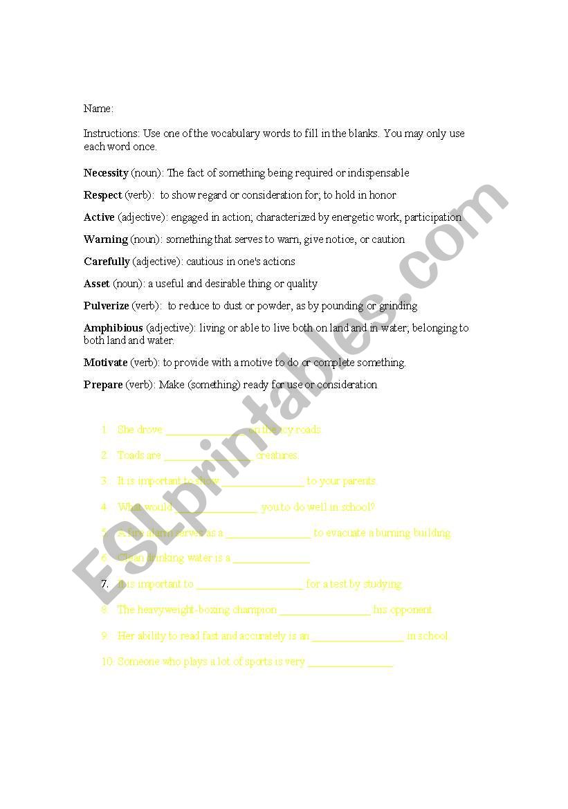 Vocabulary Handout worksheet