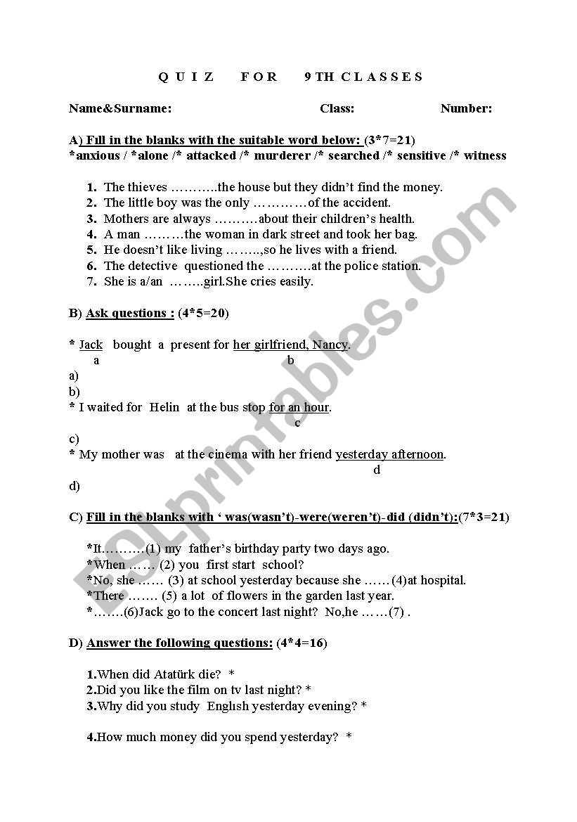 QUIZ FOR 9 TH CLASSES worksheet