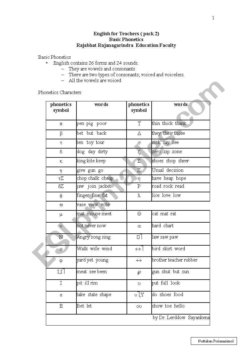 table of phonetic worksheet