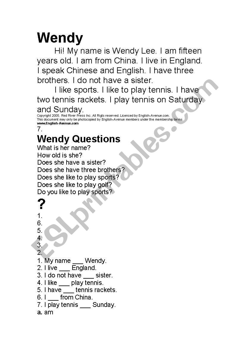 Wendy worksheet