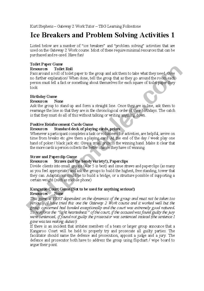 Icebreakers worksheet