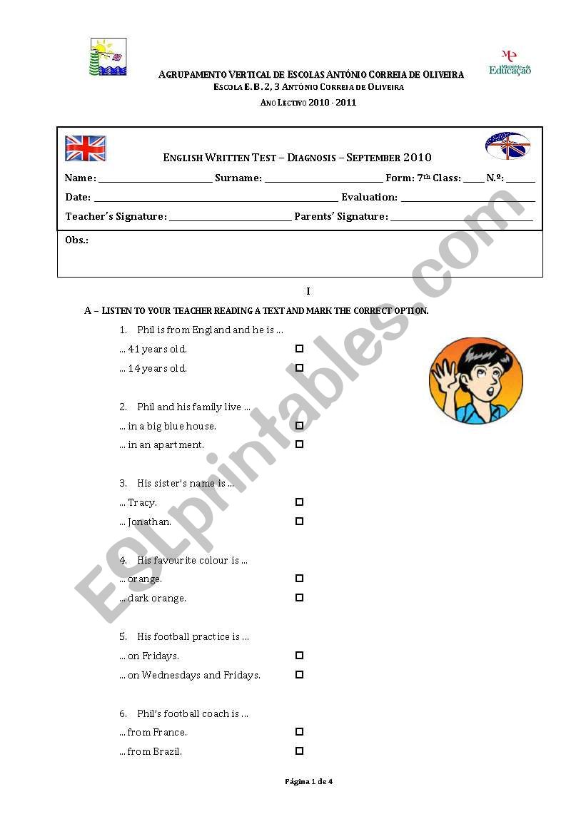 Diagnosis Test worksheet