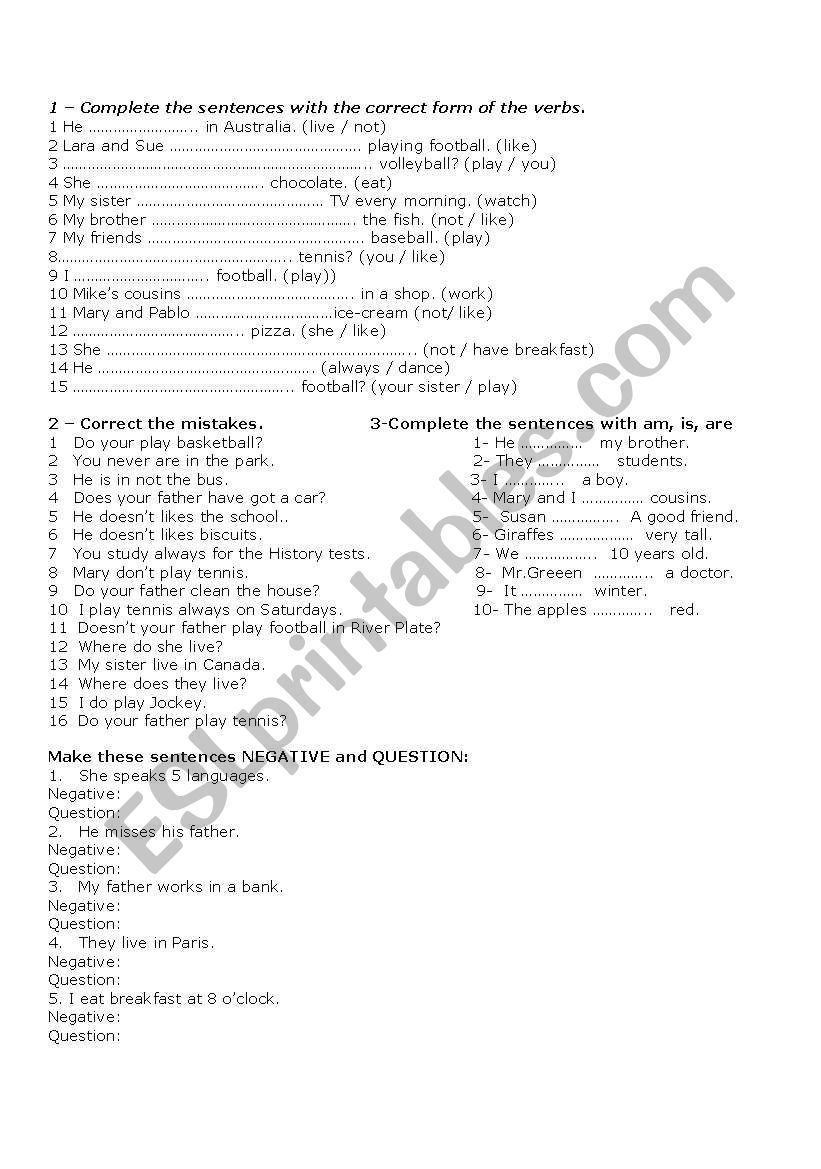 English Worksheets Present Tense