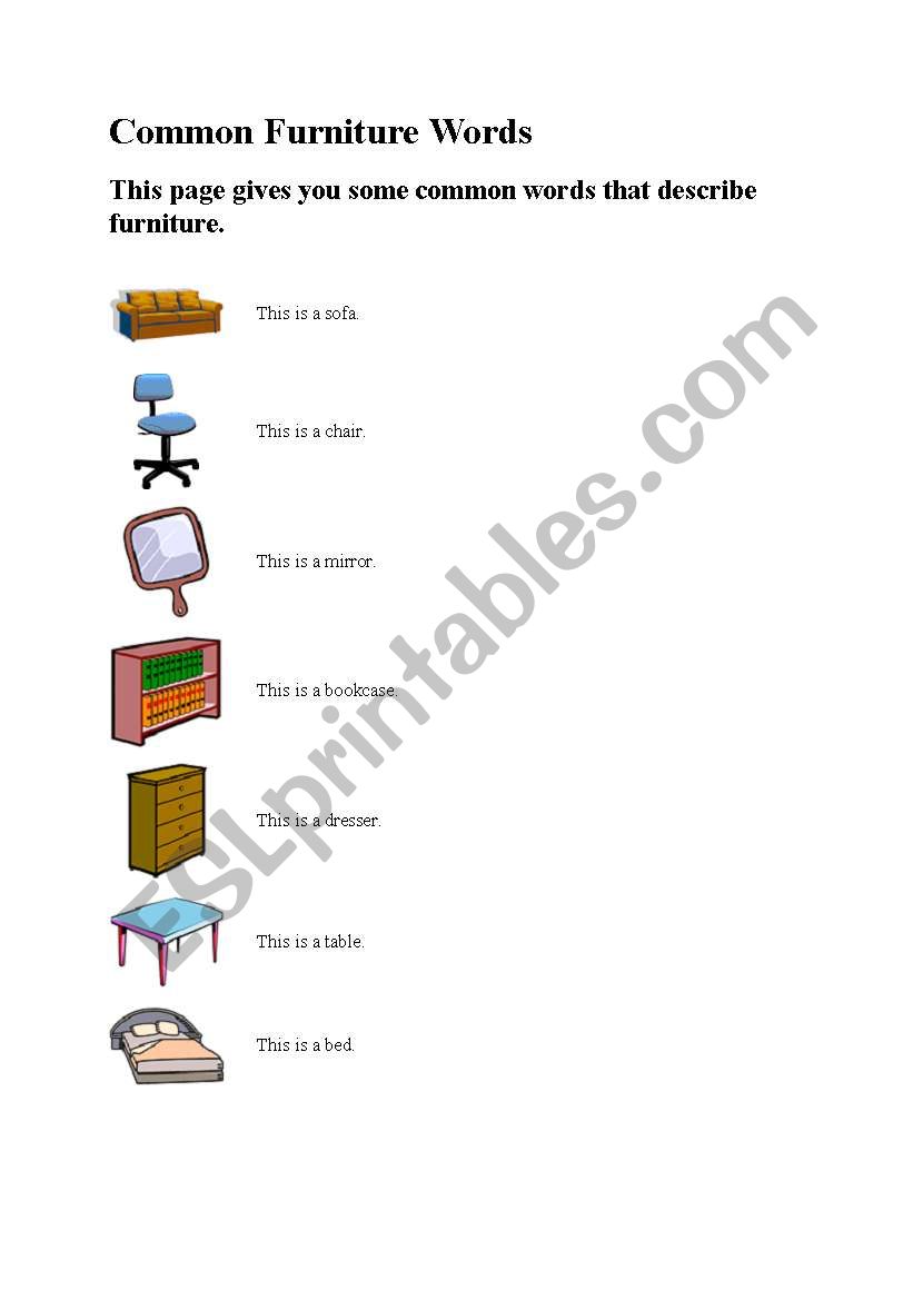 common furniture words worksheet