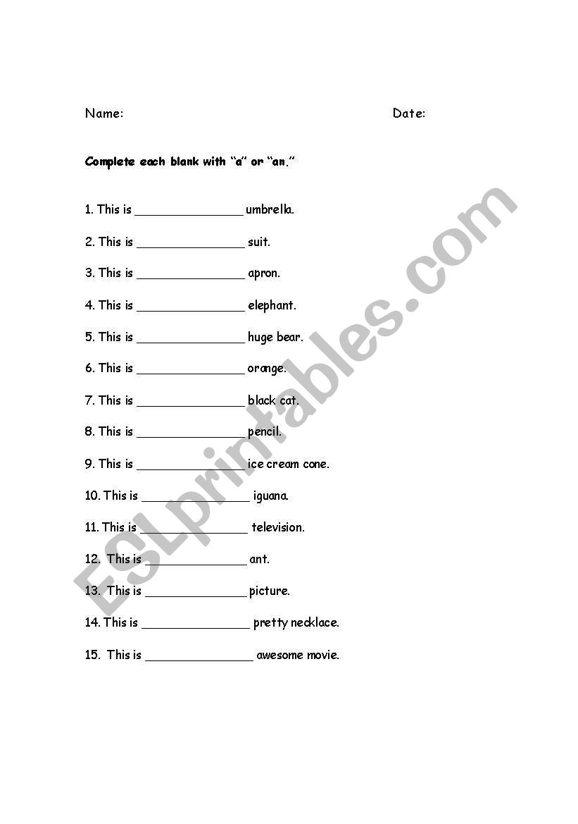 a vs. an worksheet