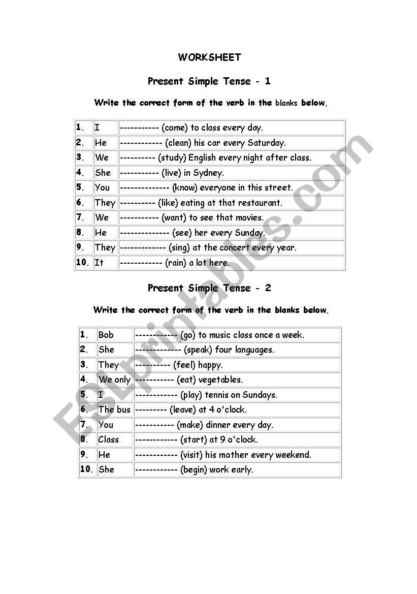 WORKSHEET1 SIMPLE PRESENT TENSE