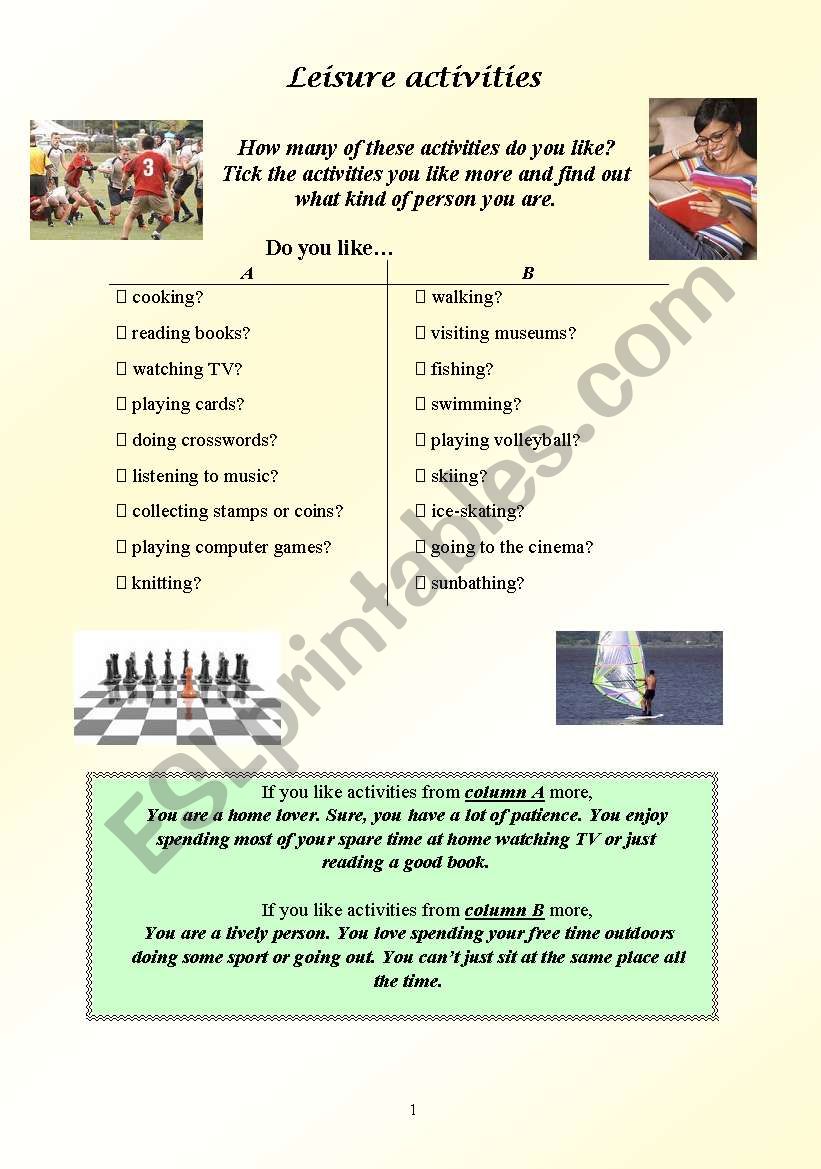 leisure activities worksheet