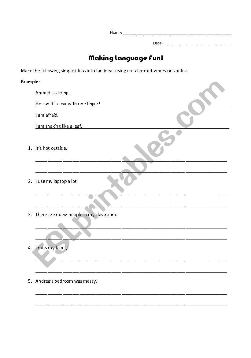 Writing Metaphors and Similes worksheet