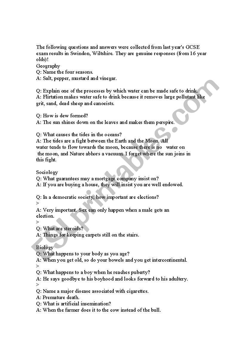 GCSE EXAM ANSWERS worksheet