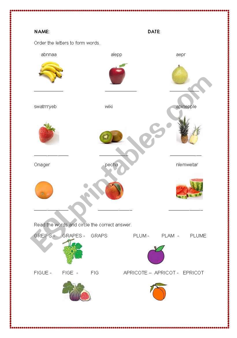 FRUITS SPELLING worksheet