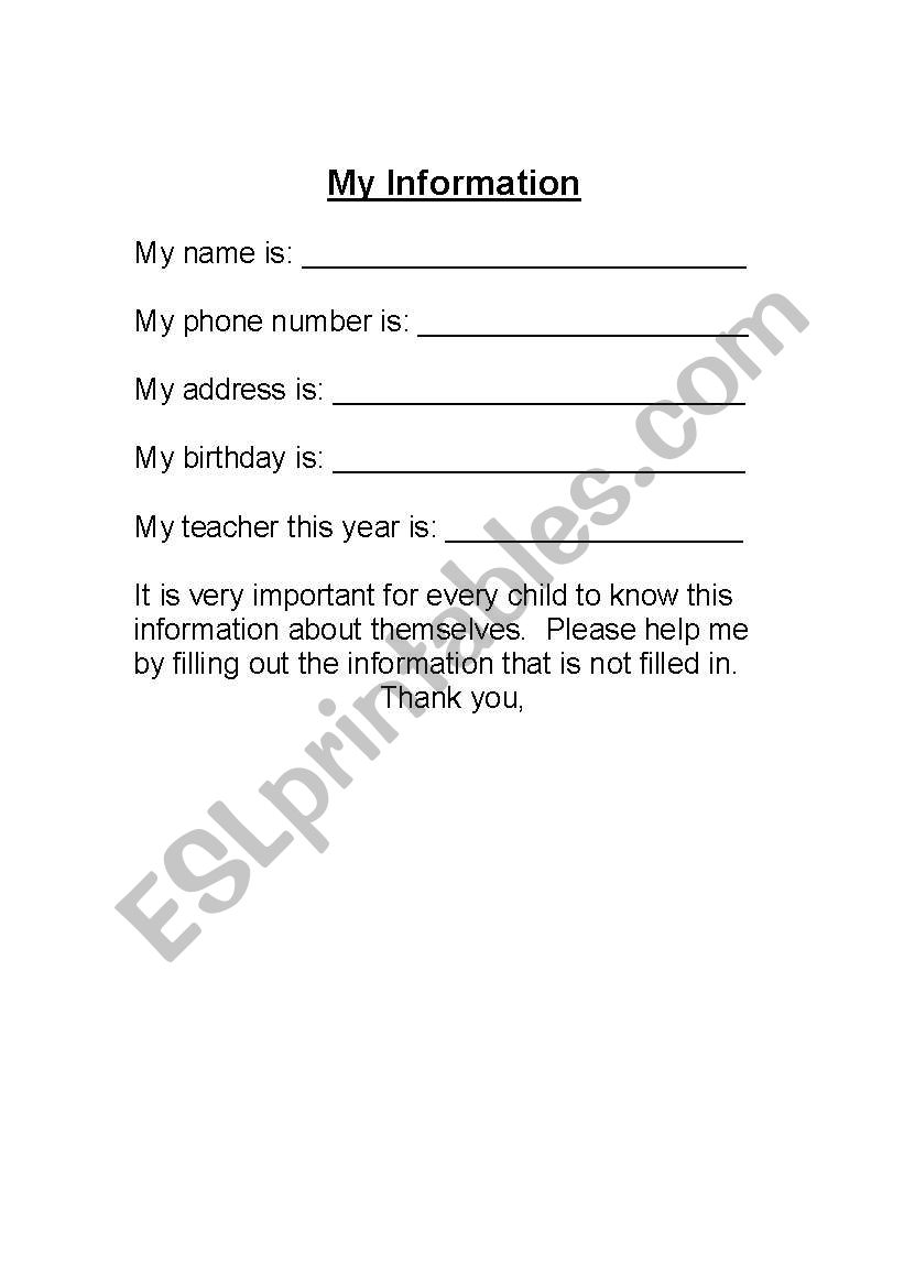 My Information Worksheet worksheet